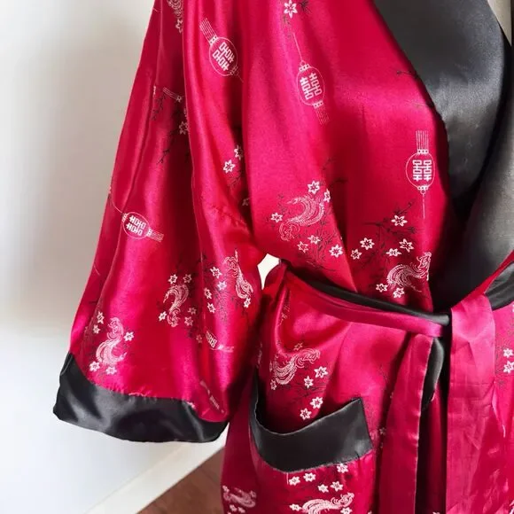 VTG Embroidered Dragon Reversible Satin Kimono Robe Asian Print Smoking Jacket S - Picture 5 of 16